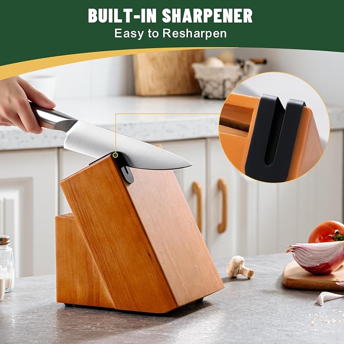 Knife Set, EWFEN 14-Piece Kitchen Knife Set with Block, German Stainless Steel Knives with Built-in Knife Sharpener, Anti-Slip Sharp Knives Set for Kitchen, Dishwasher Safe, Curved Handle