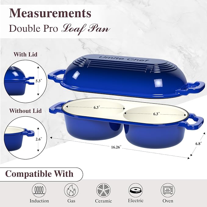 Umite Chef Mini Double Dutch Oven for Sourdough Bread Baking - Enameled Cast Iron Dutch Oven Pot with Lid and 5" Banneton Bread Proofing Basket Kit, Dual Round Bread Loaf Pan for Bread Baking (Blue)