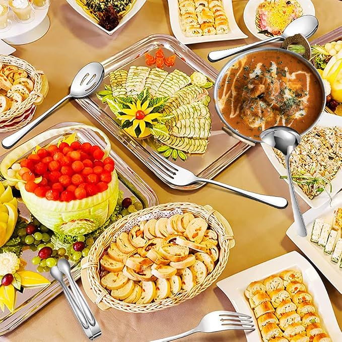 8 PCS Stainless Steel Serving Utensils, Large Serving Spoons Slotted Spoons, Forks, Ice Suger Tongs, Cake Server, Soup Ladle, Metal Utensils Set Great for Buffet Catering Banquet Party, Silver