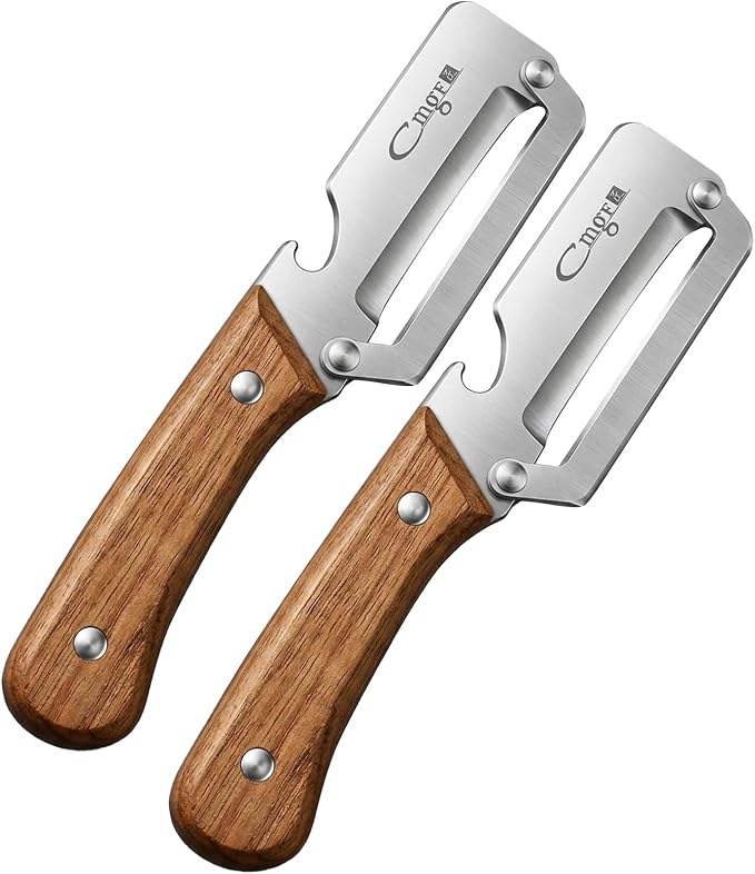 Premium Kitchen Peeler with Bottle Opener,Thickened by 1.8mm&420J2-Equivalent High-Carbon Stainless Steel Blade Multi-functional Peelers for Fruit&Vegetable with Wooden Handle,Right-Hand use [2 Pack]
