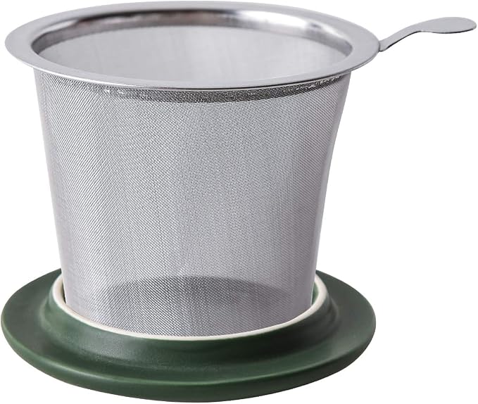 Yundu 12 OZ Matte Green Ceramics Teacup with Infuser and Lid, Mug with Lid for Steeping - Stainless Steel Infuser for Loose Leaf Tea, Home Office Gift for Tea Lovers