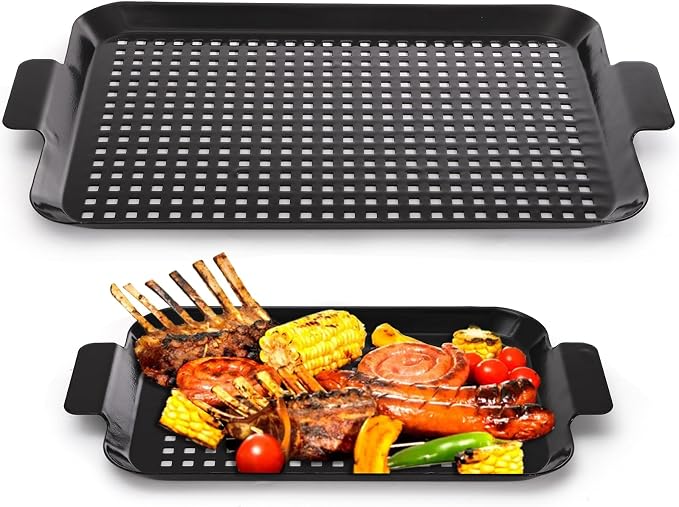 Covzoe 2 Pack Grill Pans, Nonstick Grill Topper for Outdoor Grill, BBQ Grilling Baskets with Perforated Bottom, Heavy Duty Carbon Steel Grill Grid for Cooking Camping, 16.5" x 10" and 13" x 7.4"