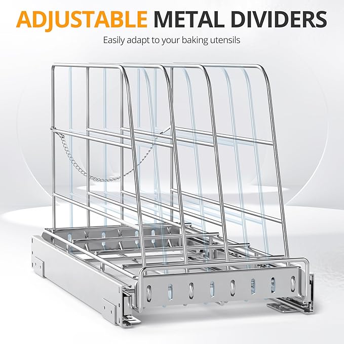 NestSprout Pull Out Cabinet Organizer for Cutting Board, Cookie Sheet, Baking Sheet, Stainless Steel Sliding Rack for Bakeware & Trays, Heavy-Duty Cutting Board Organizer 9”W x 16.5”D | Stainless Steel Sliding Rack for Bakeware & Trays, Heavy-Duty Cutt...