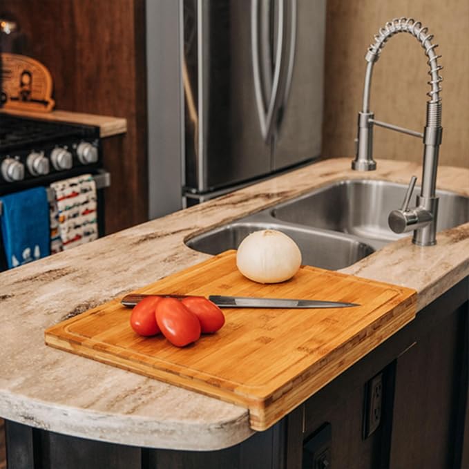 Camco Bamboo Cutting Board with Counter Edge | Perfect for Vegetables, Fruits, Meats, and Cheeses | Measures 18-inches x 14-inches x 1-3/4-inches (43545), Brown