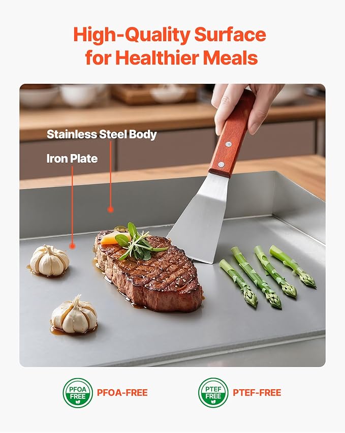 VEVOR Commercial Electric Griddle, 18", Countertop Flat Top Griddle, Stainless Steel Teppanyaki Grill w/Iron Cooking Plate, 122-572℉ Adjustable Temp Control, 2 Shovels & Brushes