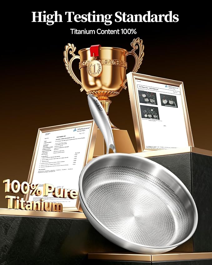Titanium Pans for Cooking,12 Inch Frying Pan,Nonstick Pan Skillet | Uncoated Hammered Pure Titanium Pro Pan, PFOA/PFAS/PTFE Free Cookware Non-Toxic, Induction & Oven-Safe