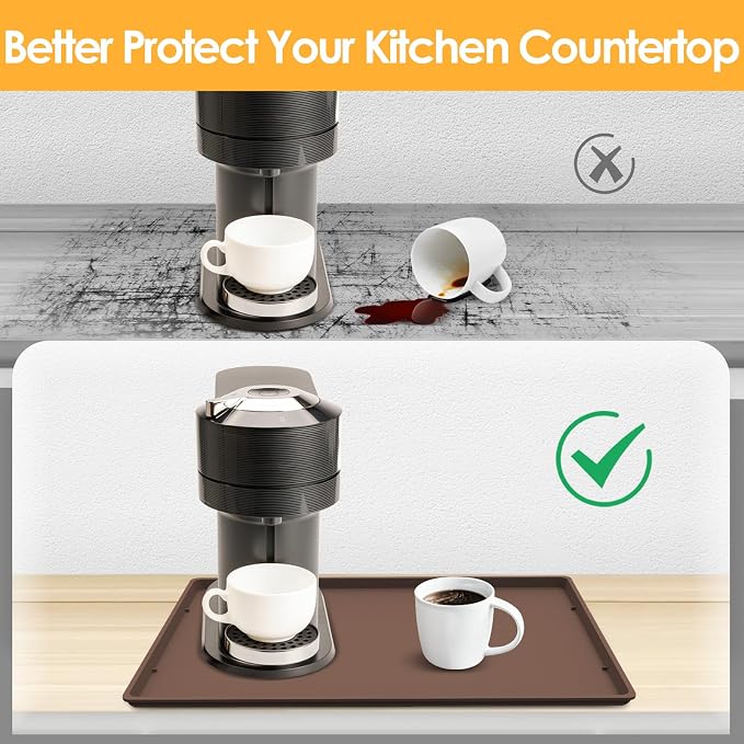 Silicone Coffee Maker Mat with Lip for Countertops, 19.7'' x 15'', Brown | Multi leak-proof coffee tray for countertop, non-slip silicone tray for under coffee machine espresso accessory, wipe-clean
