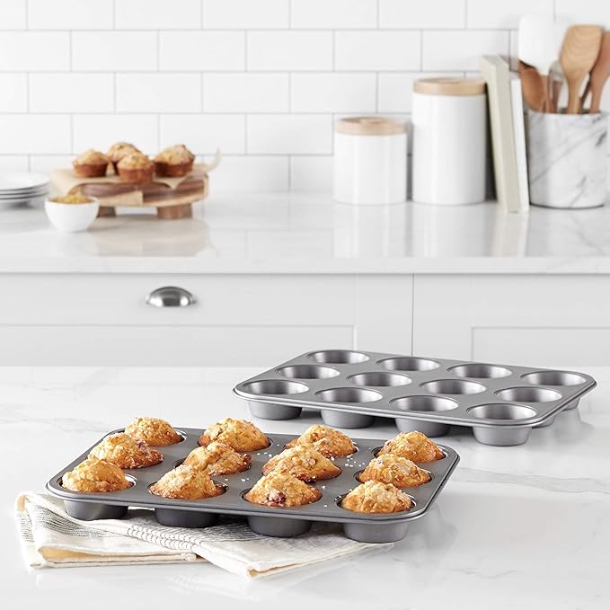 Amazon Basics Nonstick Muffin Pan, Set of 2, Sturdy, Oven Safe, Bakes Evenly, Easy to Clean, 12 Cups, Gray, 13.9x10.55x1.22"