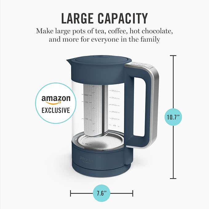 Martha Stewart 1.7L Glass Carafe Electric Kettle with Removable Tea Infuser | 7 Cups, 4 Presets, Rapid Boiling, Stainless Steel Tea Leaf Infuser, Cordless Swivel Base, Keep Warm, Auto Shut-Off, Indigo