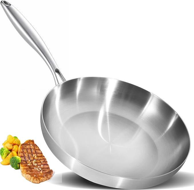 LOLYKITCH 12 Inch Stainless Steel Pan | Tri-Ply | PFOA & PTFE Free Skillet | Fast & Even Heating | Stay-Cool Detachable Handle | Dishwasher and Oven Safe | Induction Ready | For Modern Home Kitchens