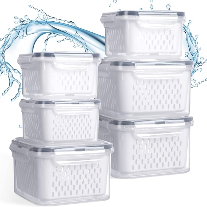 Potchen 6 Pcs Fruit Storage Containers for Fridge, Food Storage Containers Berry Produce Fridge Organizer with Removable Colander Keep Fruits, Vegetable, Veggie, Meat Fresh Longer(Medium, Small)