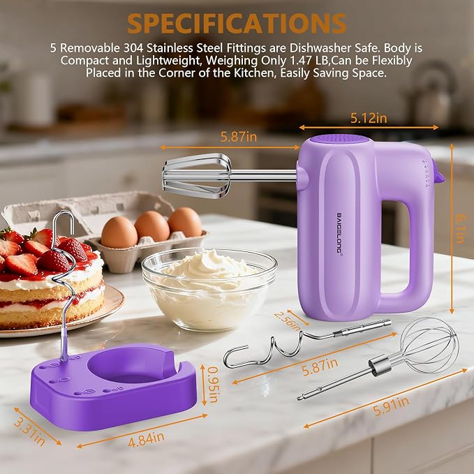 BAIGELONG Hand Electric Mixer, 5-Speed KitchenMixer with 5 * 304 Stainless Steel Attachments + Storage Base, Food Handheld Mixer for Baking, Whipping Cream, Cake Mixing, Purple