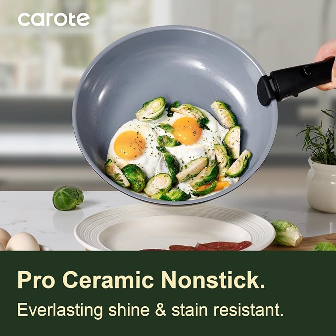 CAROTE 19pcs Ceramic Cookware Set Detachable Handle,Pots and Pans Non Stick | Kitchen Cooking Sets, Space Saving, Dishwasher & Oven Safe, Non-Toxic, for Camping/RV/Traveling, Black/Grey