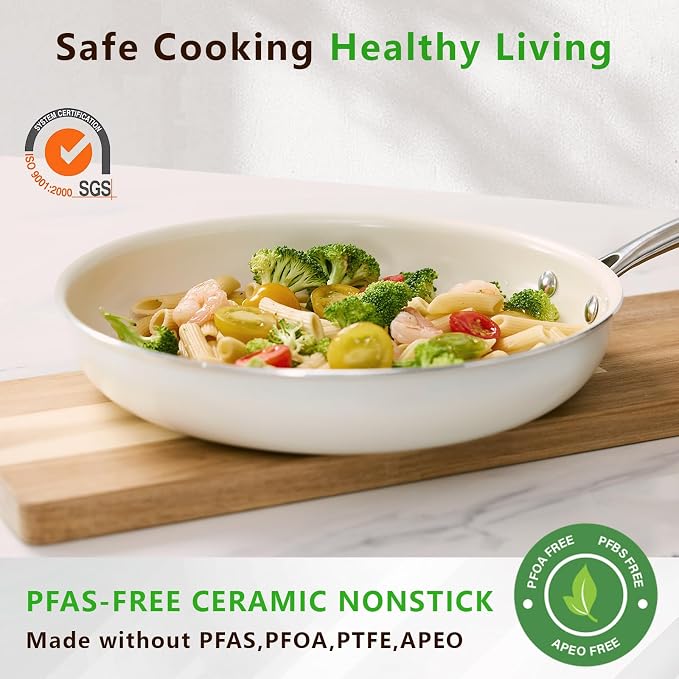 SAKAMOSH 11" Nonstick Ceramic Frying Pan, Non Toxic Pan, White | PTFE & PFAS & PFOA Free Ceramic Coating, Dishwasher/Oven Safe, Induction Compatible, suitable for all stovetops, Lightweight
