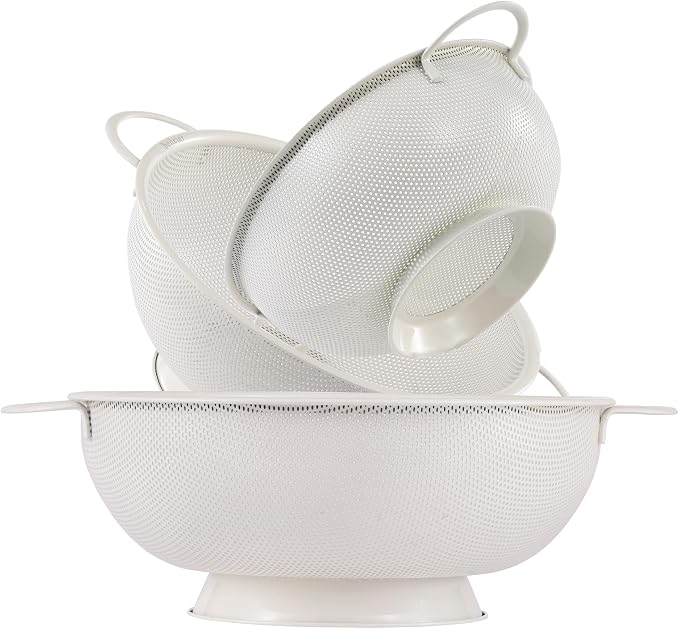 Stainless Steel Colander 3 Piece,Metal Strainer Basket with Solid Base and Handles for Kitchen Food,Pasta, Noodles, Vegetables and Fruits,Powder Coated,BPA Free,Dishwasher Safe,2 & 3 & 4.5 Qt (Cream)