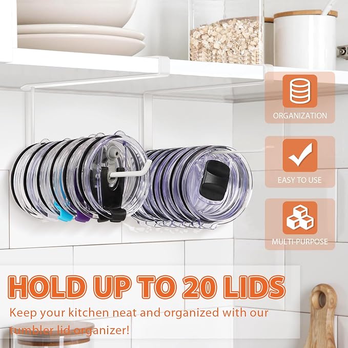 2 Pack Tumbler Lid Organizer, Versatile Storage Holds 20 Lids, Round&Flat | Space Saving Cup Lid Organizers Inside Cabinet Tumbler Lid Hook for Pantry Kitchen Organizer, Paper Towel Rack Hanger, White