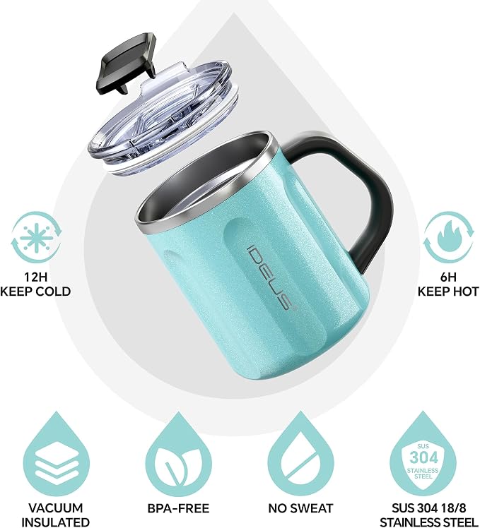 Ideus 16 oz Insulated Coffee Mug with Handle and Lid, Double Wall Stainless Steel Vacuum Thermal Coffee Mug, Travel Coffee Cup Thermal Cup for Home and Office, Sky Blue-FUJI FLOW