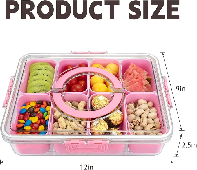 Divided Serving Tray with Lid and Handle, 8 Compartments Snack Box, Portable Platter for Candy Fruits Nuts, Snack Party Entertaining Picnic