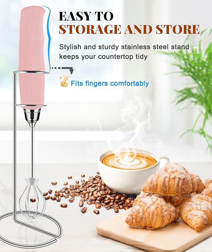 YUSWKO Handheld Milk Frother Wand for Coffee, Rechargeable Electric Whisk with 3 Heads 3 Speeds Drink Mixer Coffee Frother For Latte, Cappuccino, Hot Chocolate, Egg, Pink with Holder