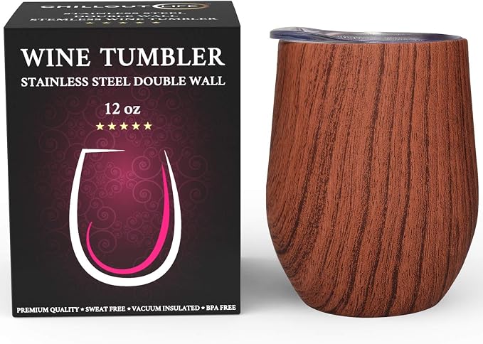 CHILLOUT LIFE 12 oz Stainless Steel Wine Tumbler with Lid - Double Wall Vacuum Insulated Wine Cup Glass Keeping Cold & Hot for Coffee, Champagne, Cocktails, Ice Cream - Wood