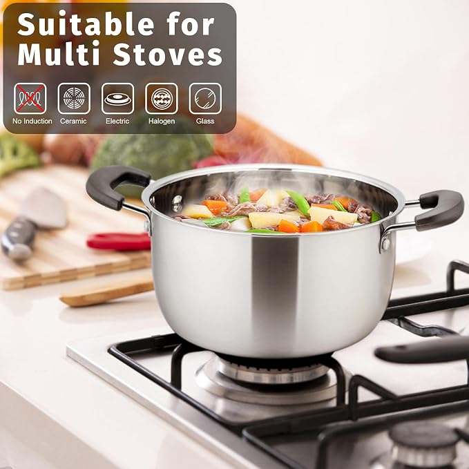 P&P CHEF 3 Qt Stockpot with Lid, Stainless Steel Stock Pot, 1-Ply Metal | Cooking Pot for Soup Pasta, Heat-Proof Double Handles with Visible Lid, Dishwasher Safe & Healthy Use