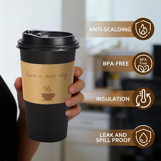 BYSNOW 20 oz 50 pack Disposable Paper Coffee Cups with Lids To Go Cups | Paper To Go Cups with Lids, Sleeves and Stirring Sticks, Hot Paper Cups for Home, Office and Party (Black 20oz)