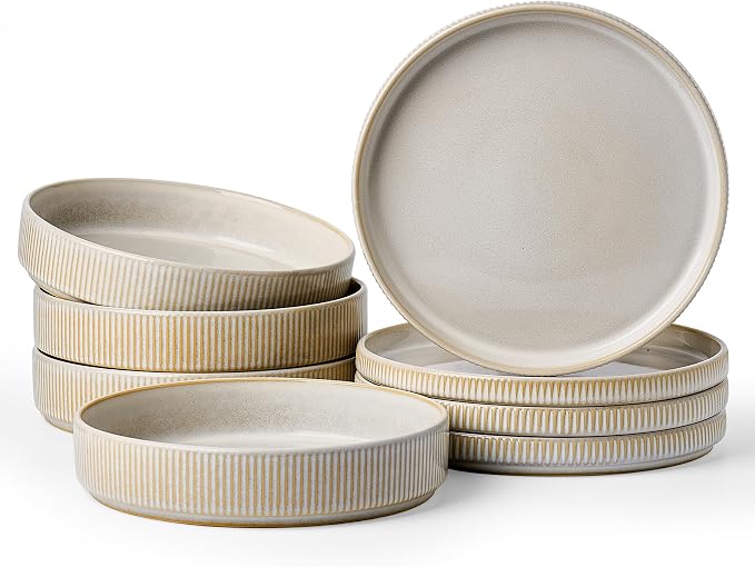 Stoneware Dinnerware Sets for 4, 8-Piece Wide Pasta Bowls and Salad Plates | Famiware Premium Ceramic Dishes, Chip & Scratch Resistant, Microwave & Dishwasher Safe, Everyday Party Use, Cappuccino White