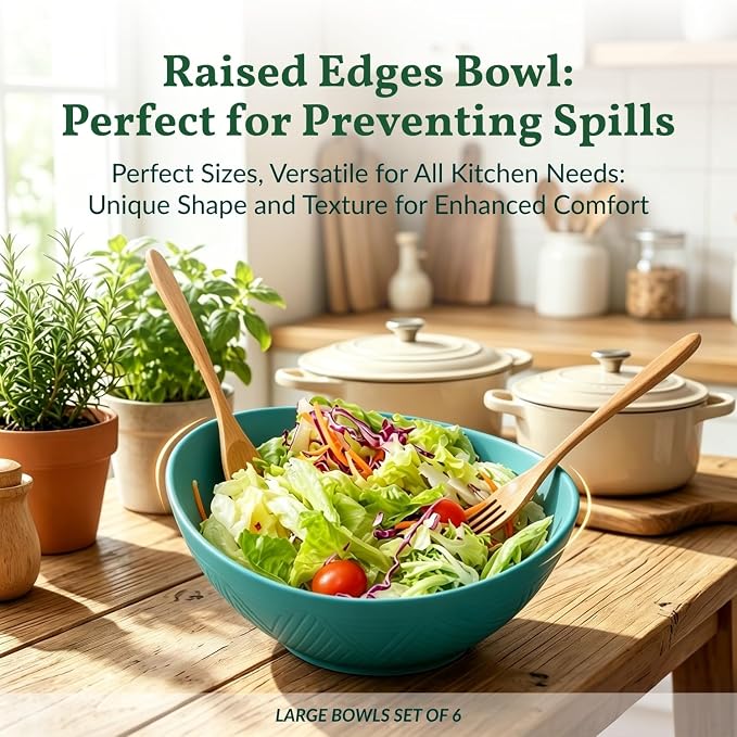 Salad Bowls 6 PCS Wheat Straw Bowls - 60oz Large Serving Bowl - Microwave and Dishwasher Safe Centerpiece Bowl Big Soup Bowl for Kitchen, Camping, Picnic, Party, Popcorn Bowl Set - Green