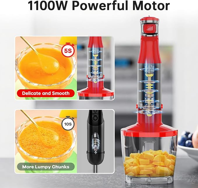 Turelar Immersion Blender Handheld Corded, 1100W 5 in 1 Hand Blender Set | Trigger Variable Speed, Emulsion Stick Mixer with Food Processor, Whisk, Frother, for Soup, Puree, Baby Food, Anti-scratch