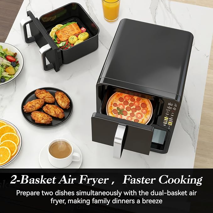 12QT Double Air Fryer with 2 Stacked Racks, Dual Basket Air Fryers | Feeds Up to 10 People, 8-in-1 Presets with Digital Touchscreen to Free DIY, Compact Design, Easy to Clean, Black