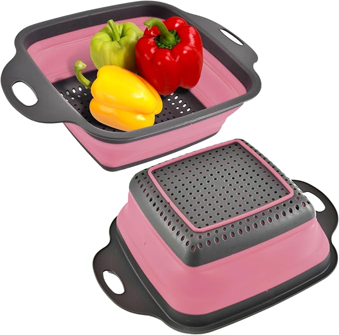 Pink Silicone Food Colander Kitchen – Small Collapsible Strainer with Handle Collapsable Strainer Kitchen Foldable Colander for Pasta Spaghetti Fruit Vegetable