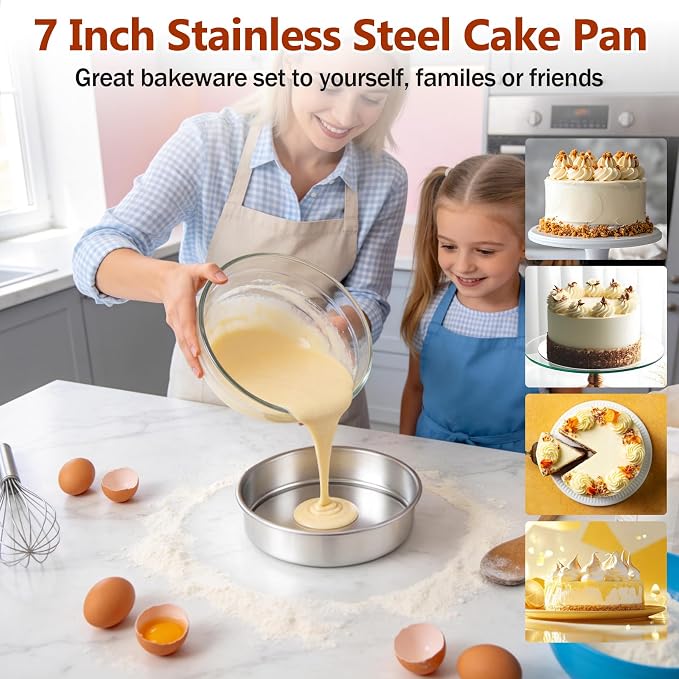 P&P CHEF 7 Inch Cake Pan Set of 2, Stainless Steel Round Cake Baking Pan | Layer Cake Tin Bakeware for Cooking Steaming, Ideal for Birthday Wedding Anniversary, Fit for Home & Commercial Use
