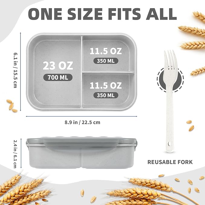 Itopor Bento Box for Kids & Adults, Lunch Box 46 oz / 1400ml, Gray | Wheat straw material, BPA-free, leakproof, 3 compartments, microwave & dishwasher safe, for school, office & travel