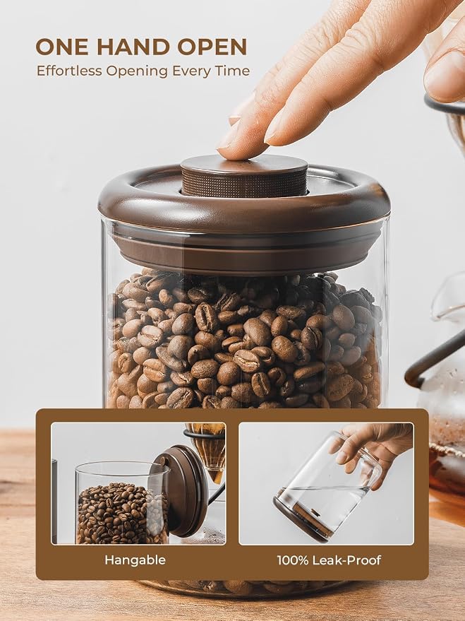 Coffee Container, 10 oz Airtight Glass Storage Canister, 2 Pack | Pop Lids, Separate Espresso, Whole Bean and Ground Varieties with One-way CO₂ Valves and Glass Bodies for Easy Refill Checks