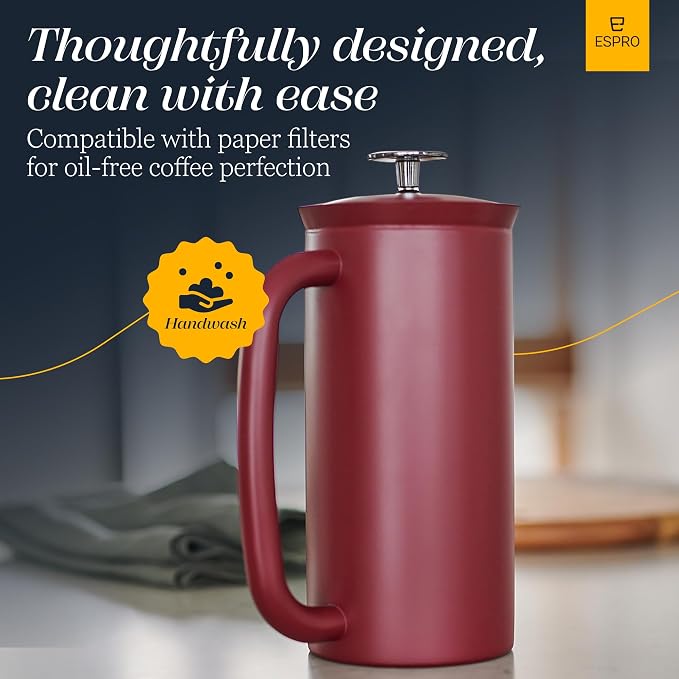ESPRO P7 French Press, 32oz, Cranberry, Stainless Steel Coffee Maker | Double Filter Coffee Press, Grit-Free Coffee, Heat Resistant Insulated tea Press, Easy Hot and Cold Coffee Brewer, Tea Brewer