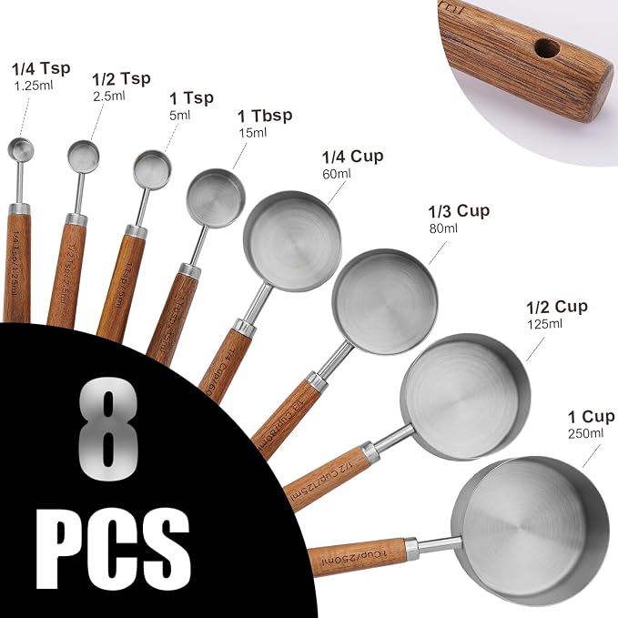 SHIKORI Measuring Cups and Spoons Set with Wood Handles 8-Pieces | Premium Stainless Steel Measuring Spoons and Measuring Cups Set,Engraved Marks Never Fade,for Baking,Cooking(Silver)