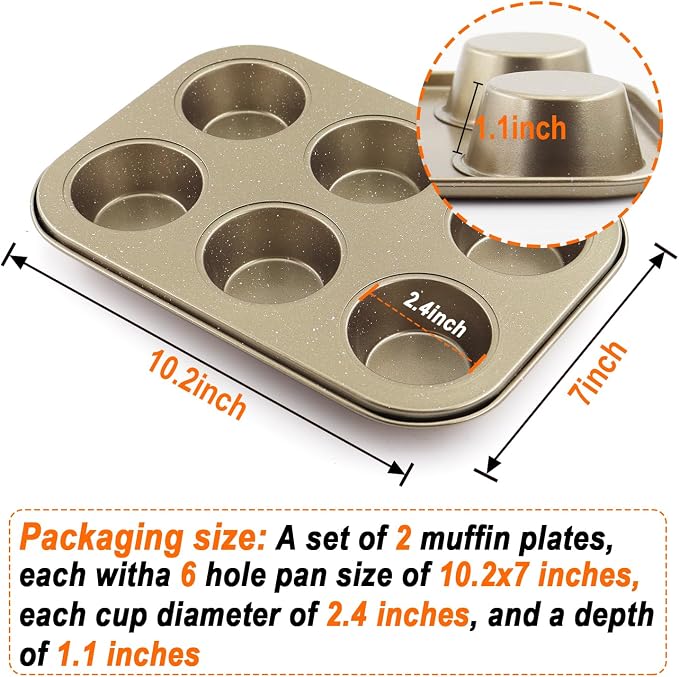 2 Packs Round Muffin Baking Pan, Premium Steel Muffin Pan for Baking, Nonstick Cupcake Tin Cheesecake Pans, Bakeware Muffin Top Pan (6 Cups, Golden)