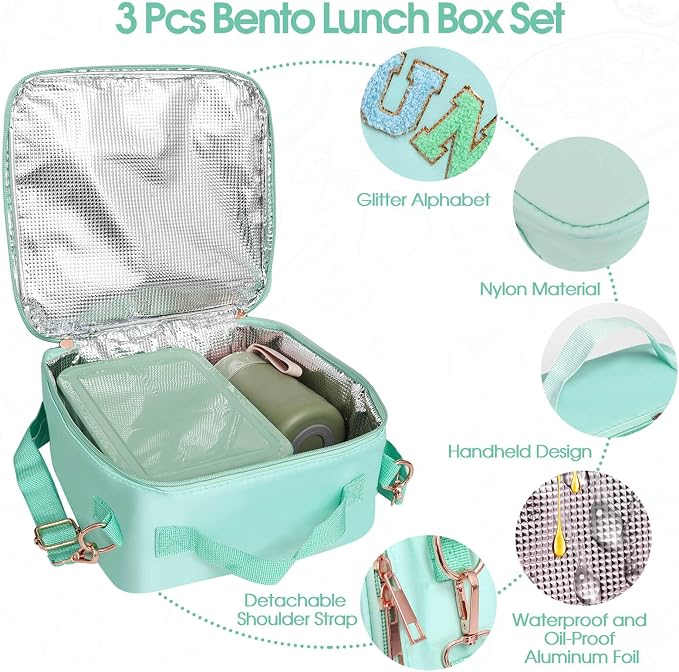 PainZieteg Lunch Box for Girls with 10oz Thermo 6 Compartment Bento Set | Nylon Insulated Lunch Bag with Adjustable Strap, Ideal for Kids, Teens School, Travel, Picnic, Leakproof Thermal Pouch, Green