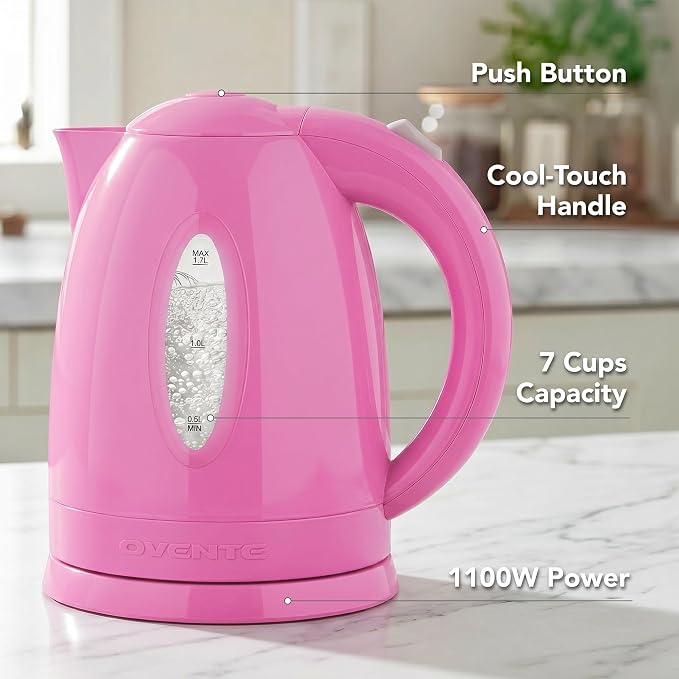 OVENTE 1.7L Electric Kettle with 1100W Fast Boiling Water, Pink KP72P | Best For Coffee or Tea, BPA-Free, Water Level Gauge, Auto Shut-Off, Indicator Light, Boil-Dry Protection & Removable Filter