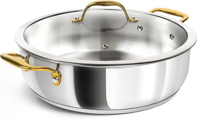 MICHELANGELO Stainless Steel Pan - 6 Quart Braiser Pan, 12 Inch Saute Pan with Glass Lid, Non-Coated Deep Frying Pan Induction Compatible & Dishwasher Safe