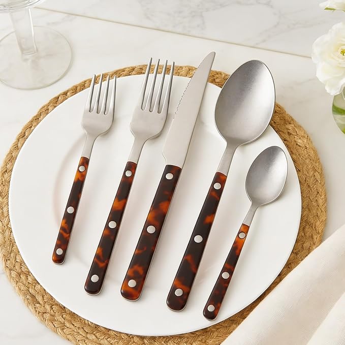 20-Piece Premium Cutlery ABS Handle, Stainless Steel Flatware Set Tortoise | Includes Forks, Knives, Spoons & Teaspoons, Complete Dining Set Perfect for Everyday Meals Dinner Parties & Special Occasions