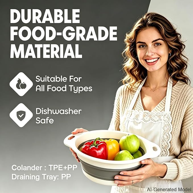 AUOON Collapsible Colander Set (3QT + 4QT) with Draining Base, White+Gray | Fast Draining, Heat-Resistant, Dishwasher Safe, Space-Saving, Food-grade TPE & PP for Pasta Noodles Vegetables and Fruits