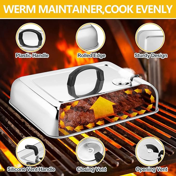 2Pcs Basting Cover & Wire Rack, Leonyo Cheese Melting Dome for Griddle, Griddle Accessories with Rectangular Steam Dome Lids, 11"x 9" Cookies Cooling Rack for Oven Baking, Outdoor BBQ Flat Top Grill