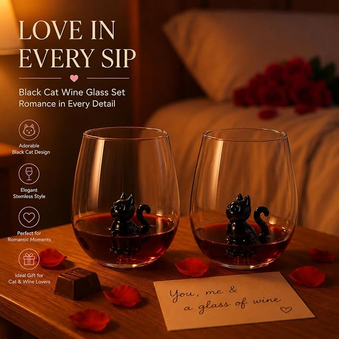 3D Black Cat Stemless Wine Glass Set of 2, Cat Decor Hand Blown Drinking Glasses, BlackCat Lover Gifts for Women Halloween Birthday Wedding Party Dad Gifts Cute Mothers Day Gift (14oz)