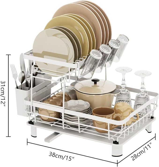 Small 2 Tier Dish Drying Rack, Space Saving Dish Racks for Kitchen Counter, Kitchen Organizer Dish Drainer with Cutlery Holder for Spoons and Forks, 11''W x 15''L, White