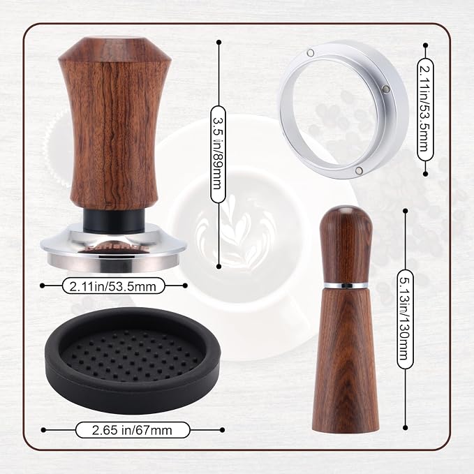 53.5mm Espresso Accessories Kit with Tamper, WDT Tool and Funnel | Rosewood spring-loaded espresso tamper and WDT tool espresso, 8 needles, aluminum dosing funnel, mat for 54mm Portafilter
