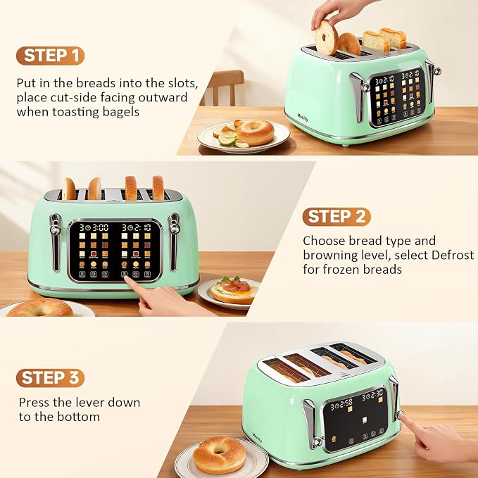 Mecity Toaster 4 Slice, Touch Screen Wide Slot Retro Toaster For Breads Bagel Muffin Waffle, House Warming Gift New Home, 120V 1650W, Light Green