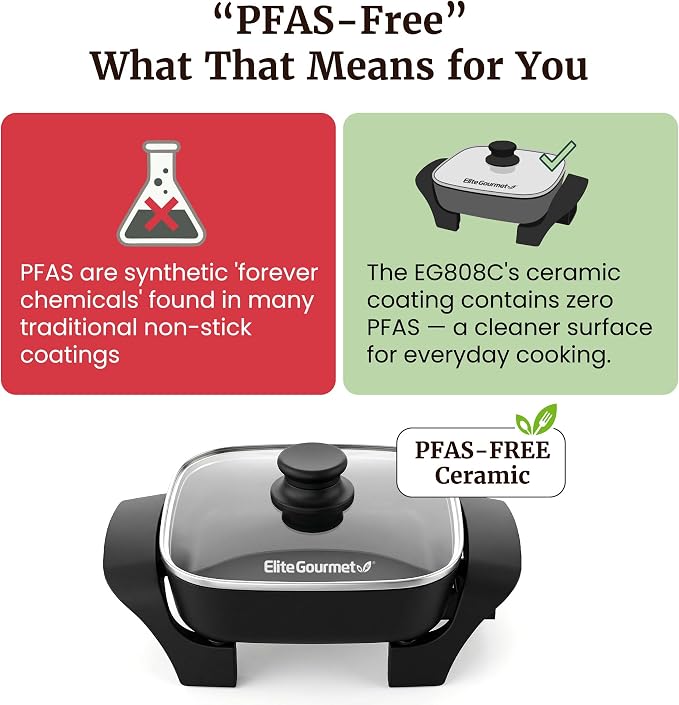 Elite Gourmet EG808C PFAS-Free Ceramic Electric Skillet, 2.5Qt, Black | Compact 8"x8", Removable Thermostat, 200-400°F Range, Tempered Glass Vented Lid, Dishwasher Safe, One-Pot Meals