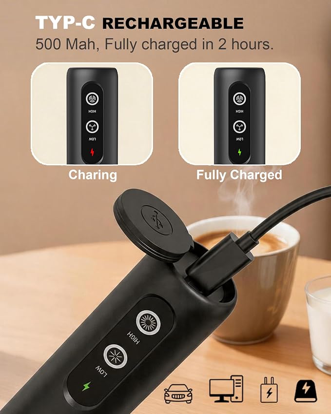 2-Speed Rechargeable Milk Frother Handheld, Black | Dual Coil Whisk, with Cover - Portable Frother for Coffee, Matcha, Cappuccino, Hot Chocolate & Protein Shakes