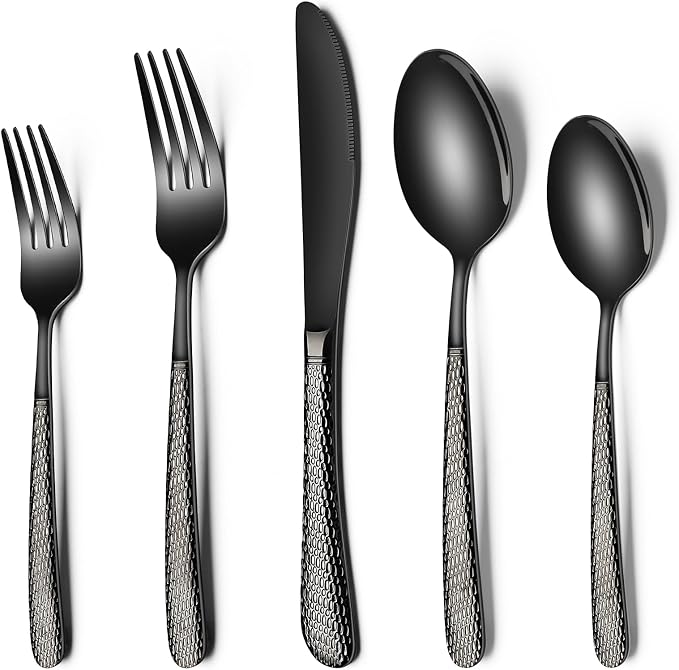 Black Hammered Silverware Set, 40-Piece Stainless Steel Heavy Duty Flatware Set for 8, Food-Grade Tableware Cutlery Set, Utensil Sets for Home Restaurant, Mirror Finish, Dishwasher Safe
